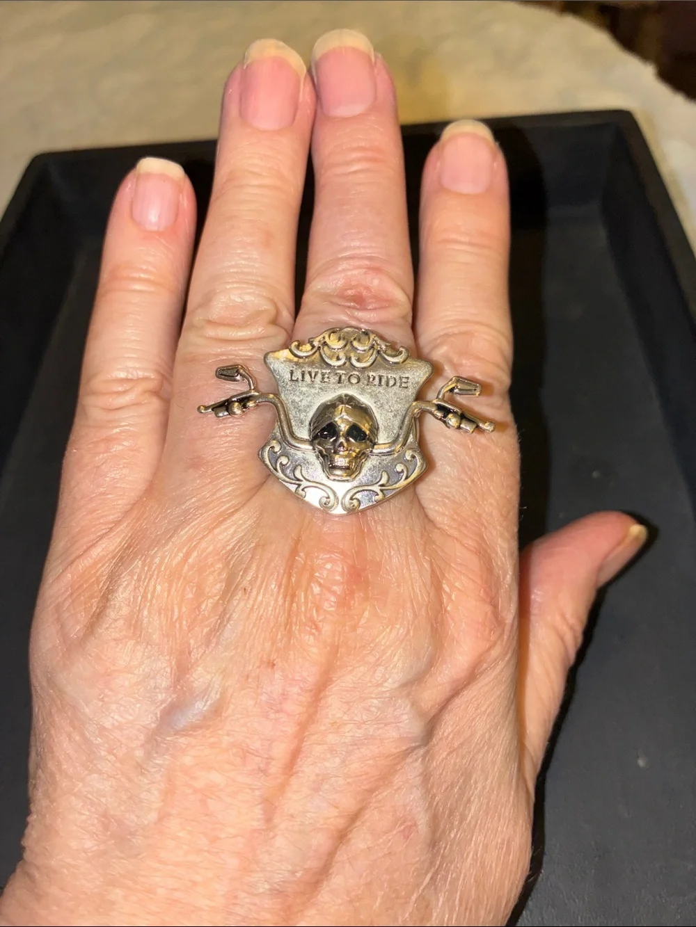 Live to Ride Skull Stretch Ring - Two-Tone Gold and Silver